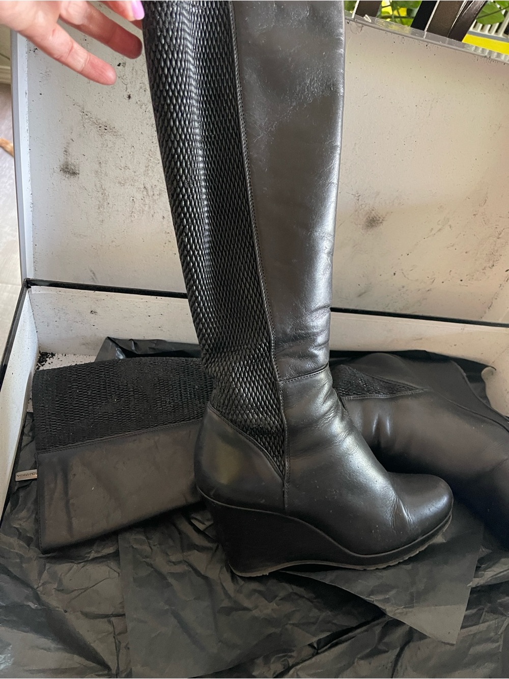 Aquatalia Black Over-the-Knee Wedge Boots, in box